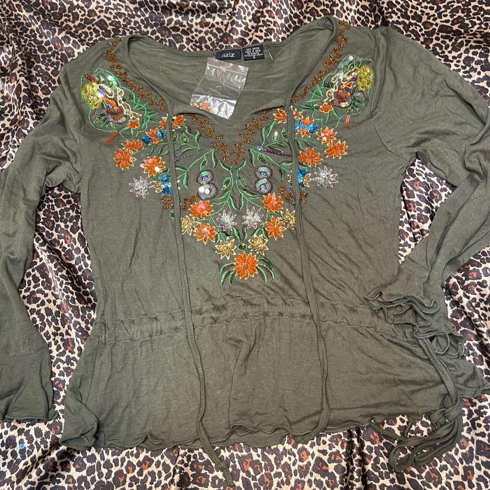 Y2k Aziz Colorful Beaded Green Long Sleeve Fairy Top